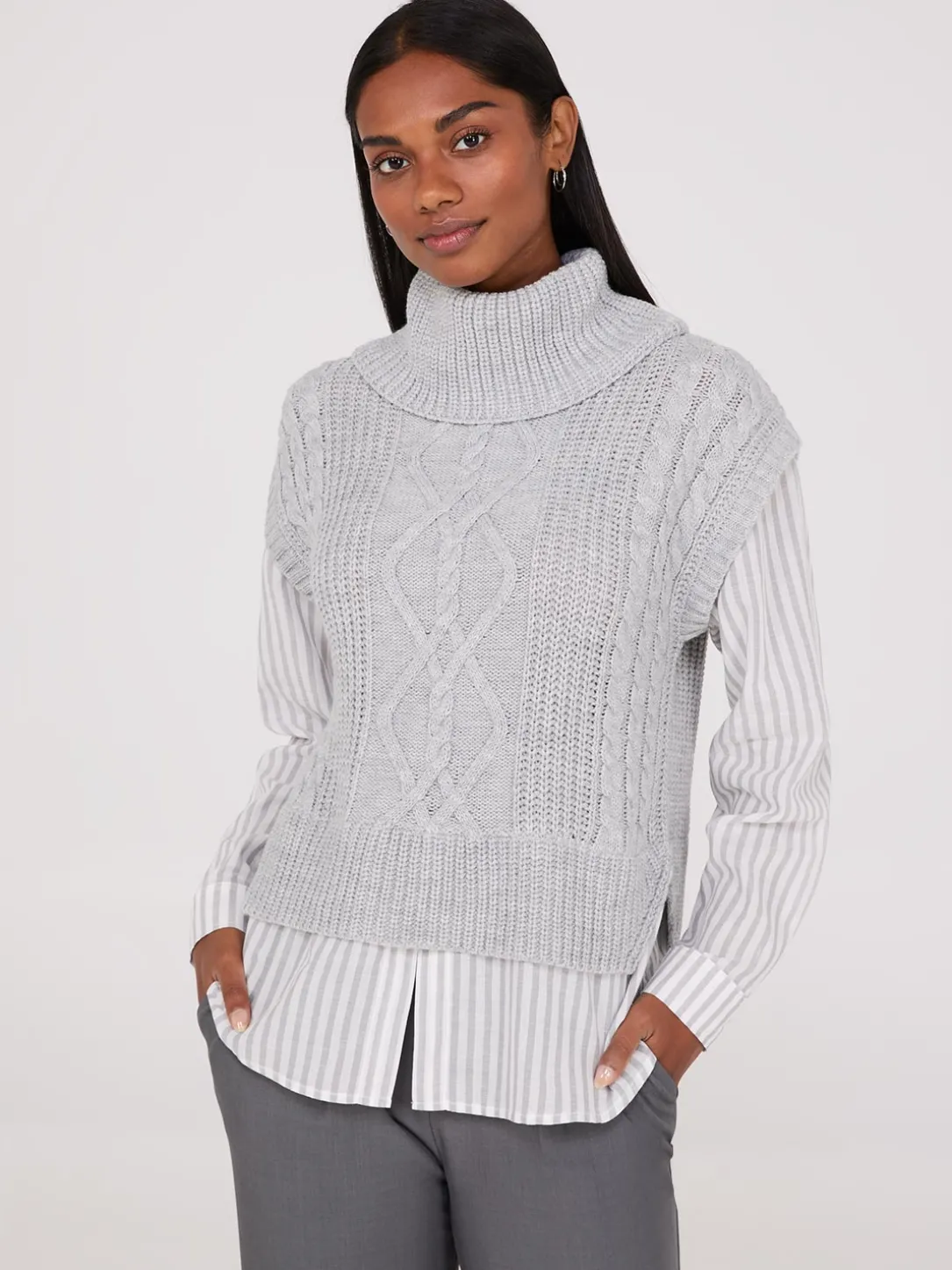 2-Fer Cable Knit Vest With Striped Blouse