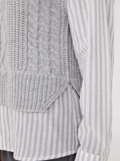 2-Fer Cable Knit Vest With Striped Blouse