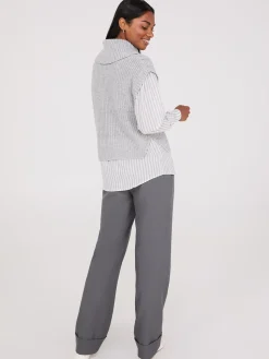 2-Fer Cable Knit Vest With Striped Blouse