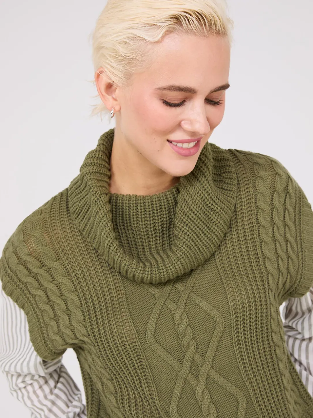 2-Fer Cable Knit Vest With Striped Blouse