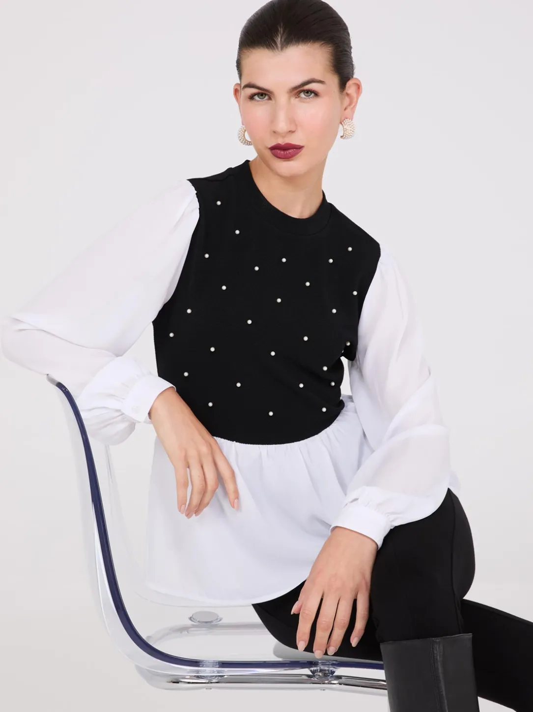 2-Fer Pearl Embellished Peplum Top