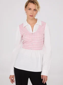 2-Fer Plaid Boucle Vest With Blouse