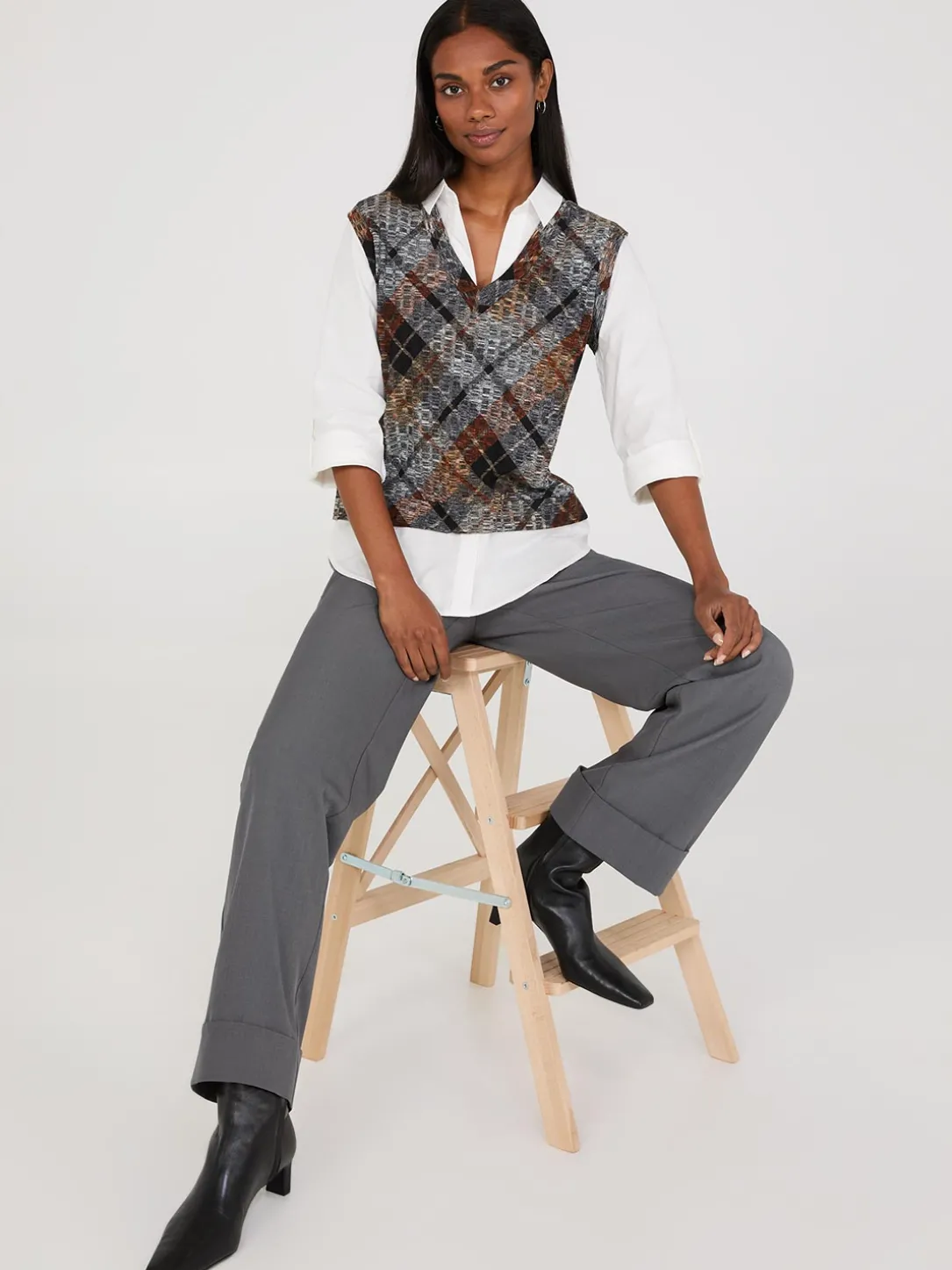 2-Fer Plaid Vest With Blouse