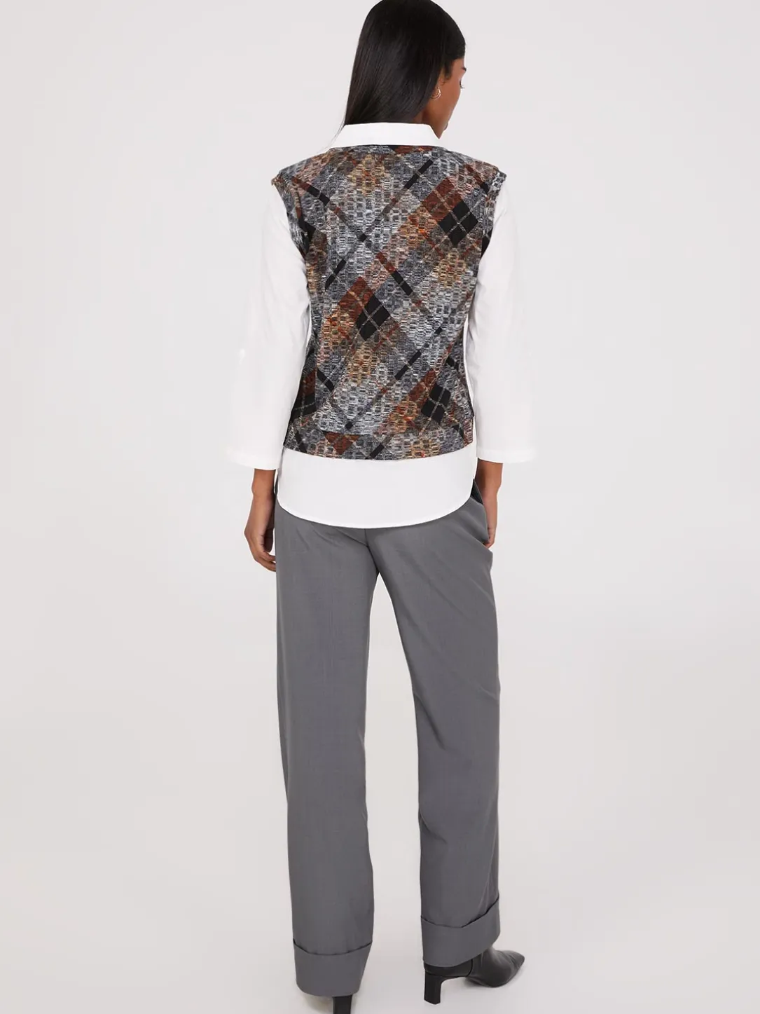 2-Fer Plaid Vest With Blouse