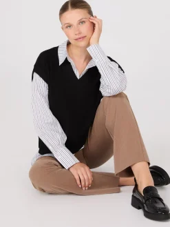 2-Fer Striped Blouse With Short Sleeve Top