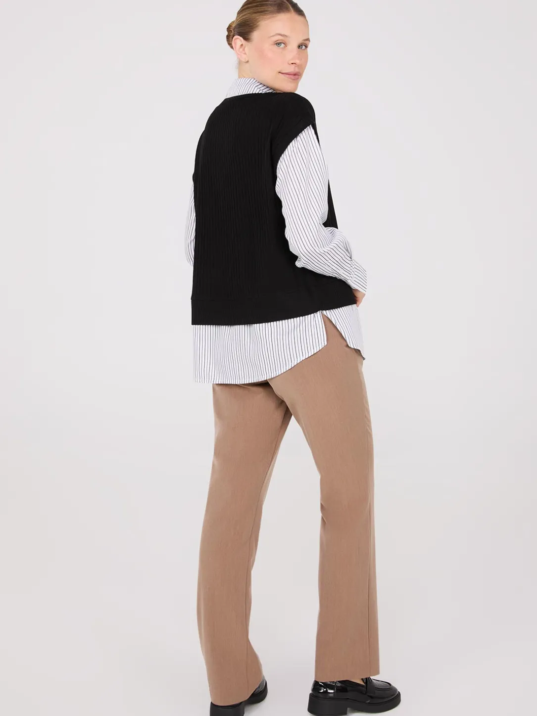 2-Fer Striped Blouse With Short Sleeve Top