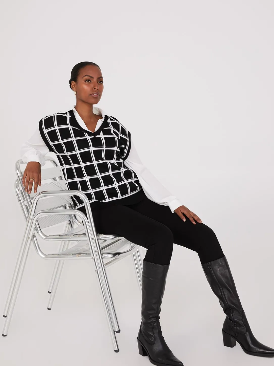 2-Fer Windowpane Print Vest With Blouse