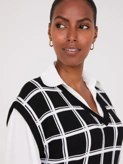 2-Fer Windowpane Print Vest With Blouse