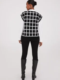2-Fer Windowpane Print Vest With Blouse