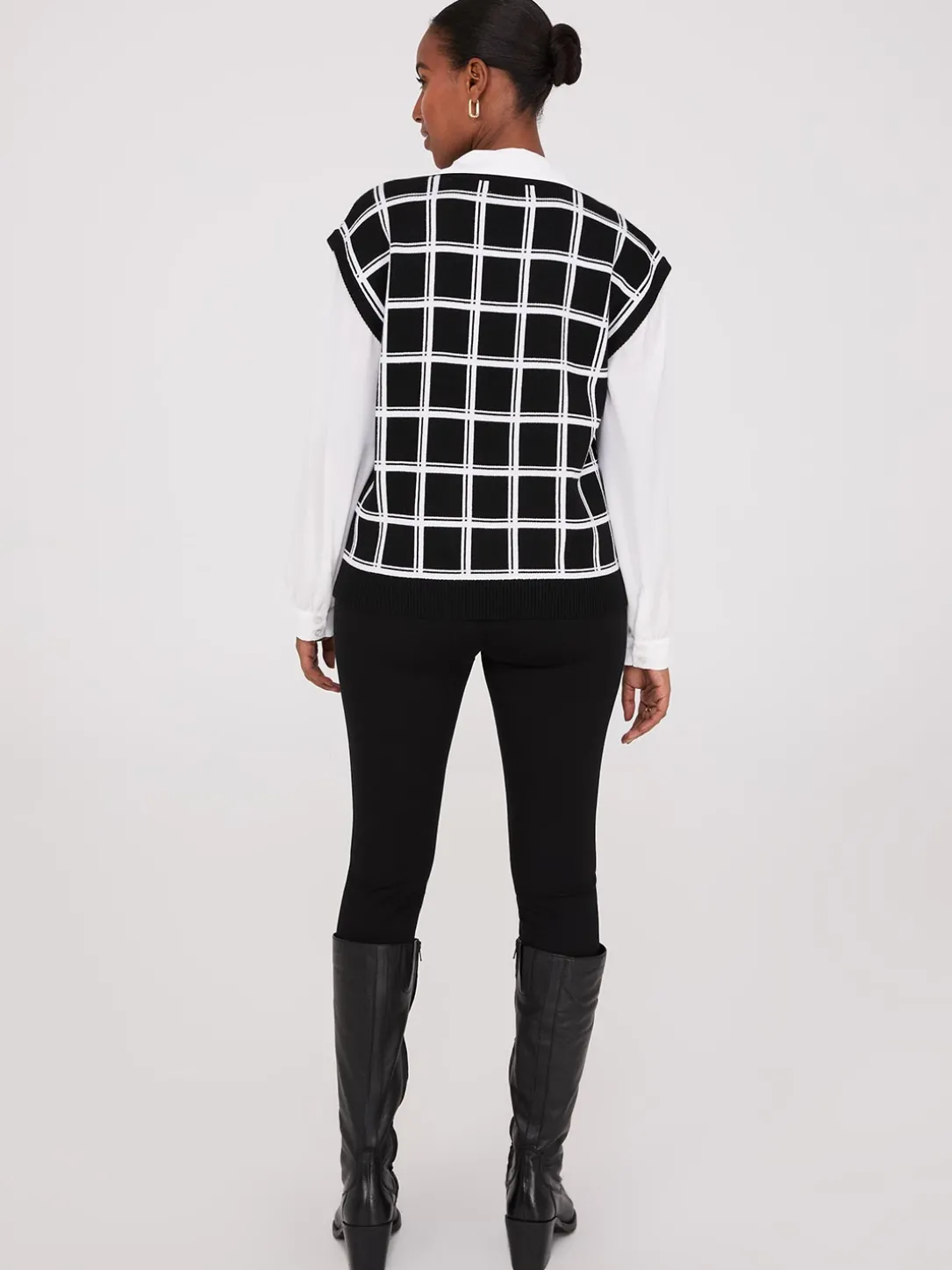 2-Fer Windowpane Print Vest With Blouse