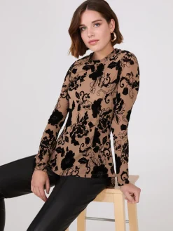 Flocked Mesh Top With Shirttail Hem
