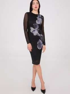 Floral Placement Mesh Midi Column Dress