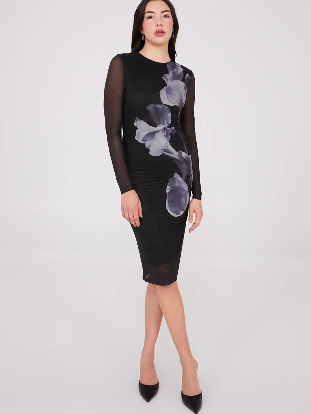 Floral Placement Mesh Midi Column Dress