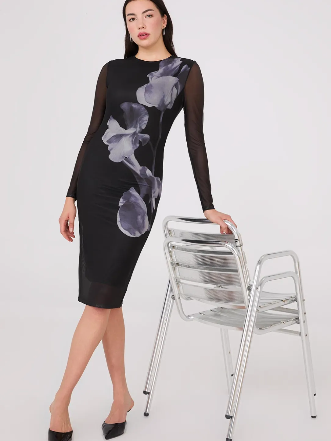 Floral Placement Mesh Midi Column Dress
