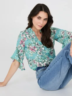 Floral Print 3/4 Ruffle Sleeve Tunic Blouse