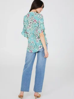 Floral Print 3/4 Ruffle Sleeve Tunic Blouse
