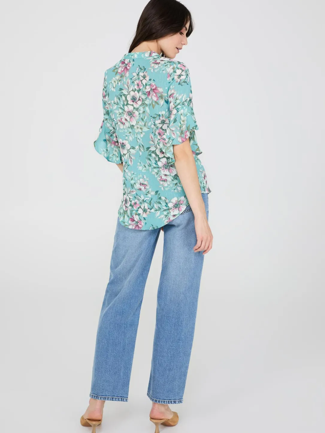 Floral Print 3/4 Ruffle Sleeve Tunic Blouse