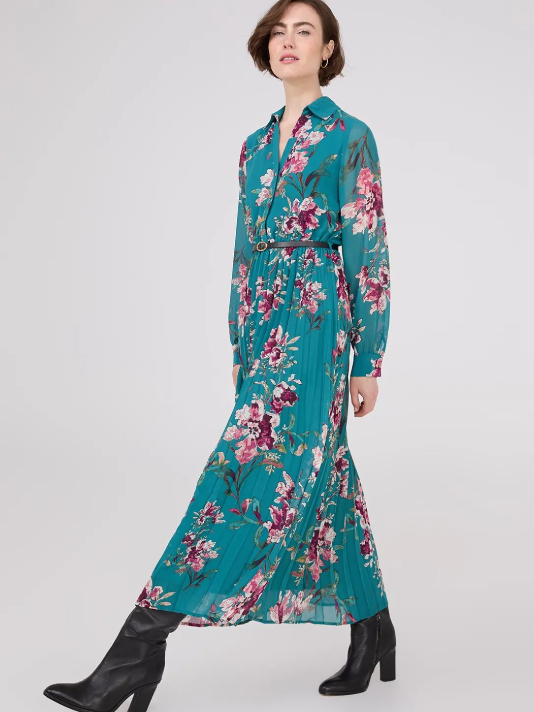 Floral Print Belted Chiffon Dress