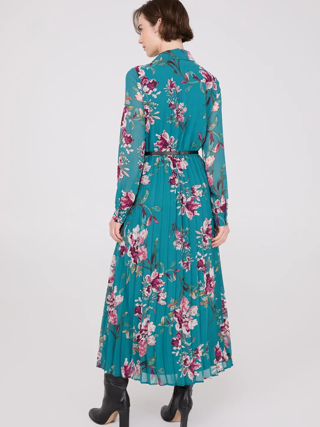 Floral Print Belted Chiffon Dress
