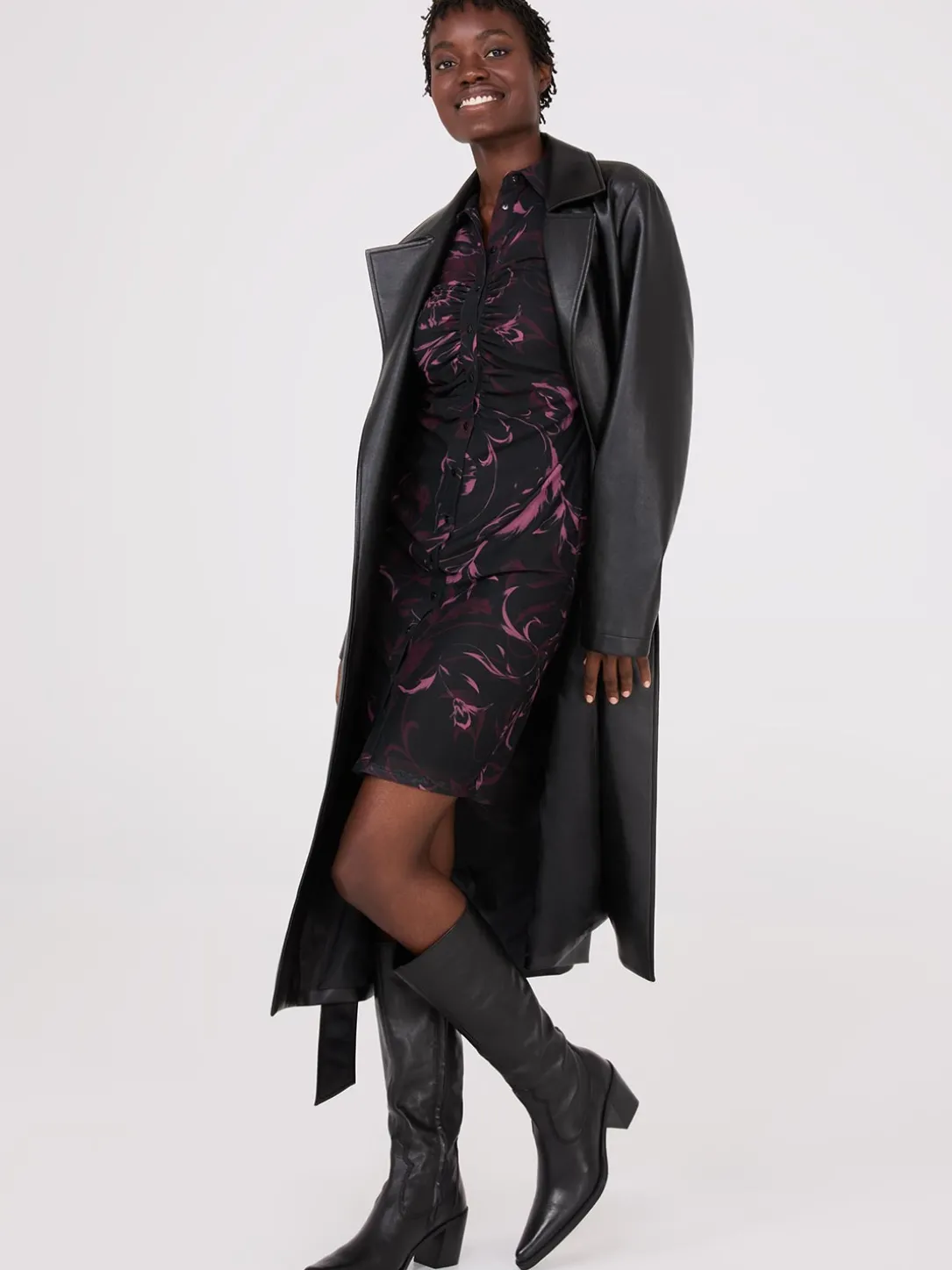 Floral Print Button-Front Gathered Mesh Dress