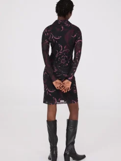Floral Print Button-Front Gathered Mesh Dress