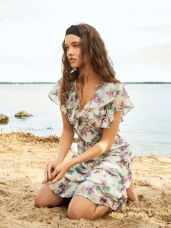 Floral Print Chiffon Midi Dress With Ruffle Details