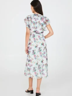 Floral Print Chiffon Midi Dress With Ruffle Details