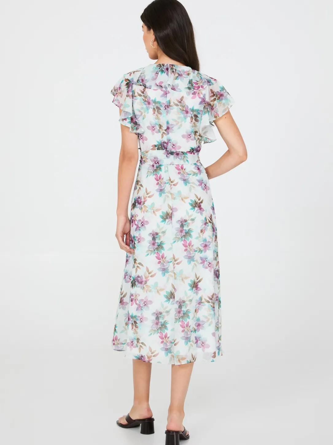 Floral Print Chiffon Midi Dress With Ruffle Details
