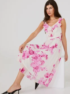 Floral Print Chiffon Ruffle Midi Dress
