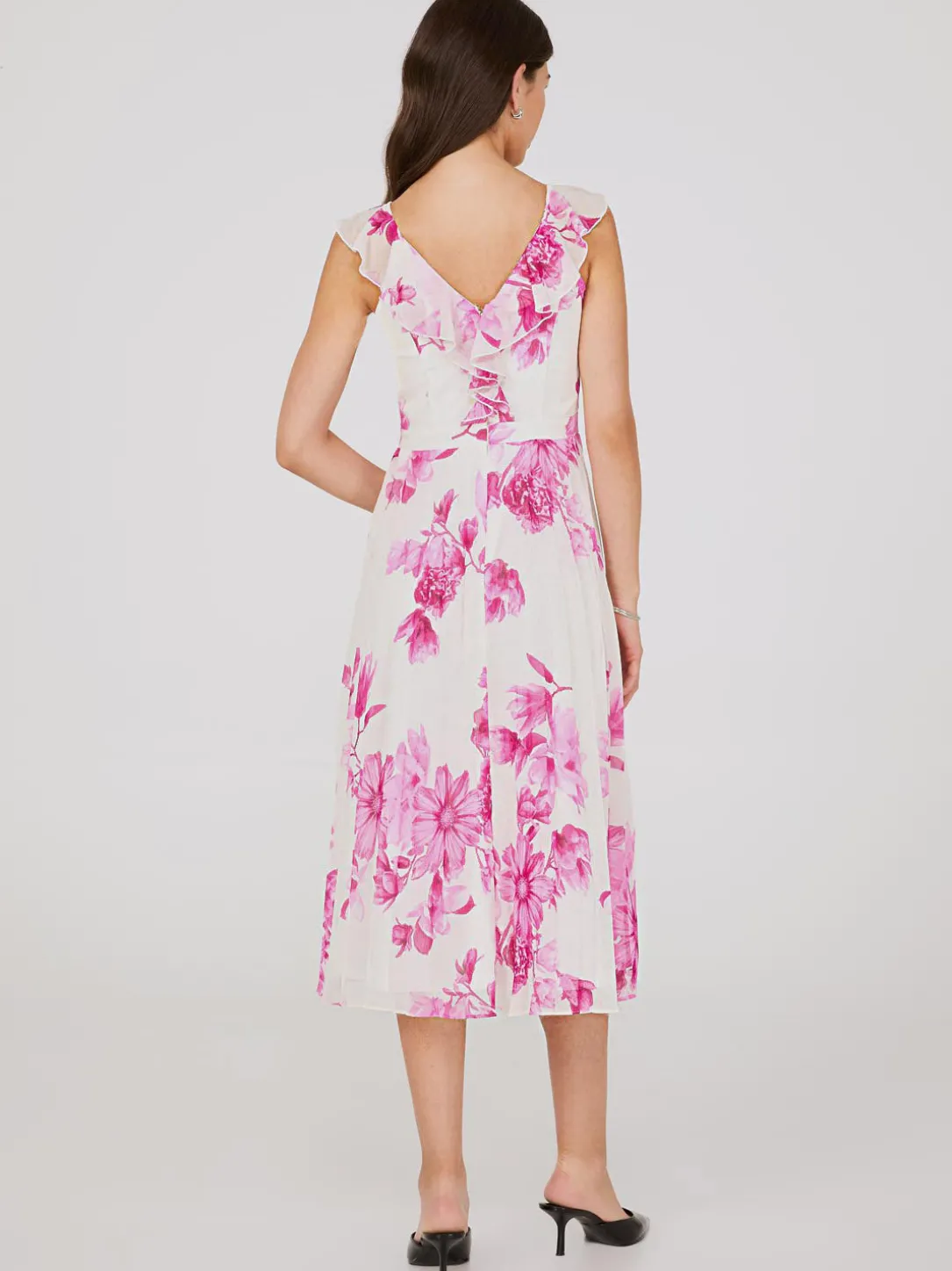 Floral Print Chiffon Ruffle Midi Dress