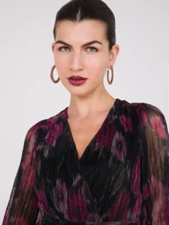 Floral Print Crossover Plisse Midi Dress