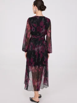 Floral Print Crossover Plisse Midi Dress