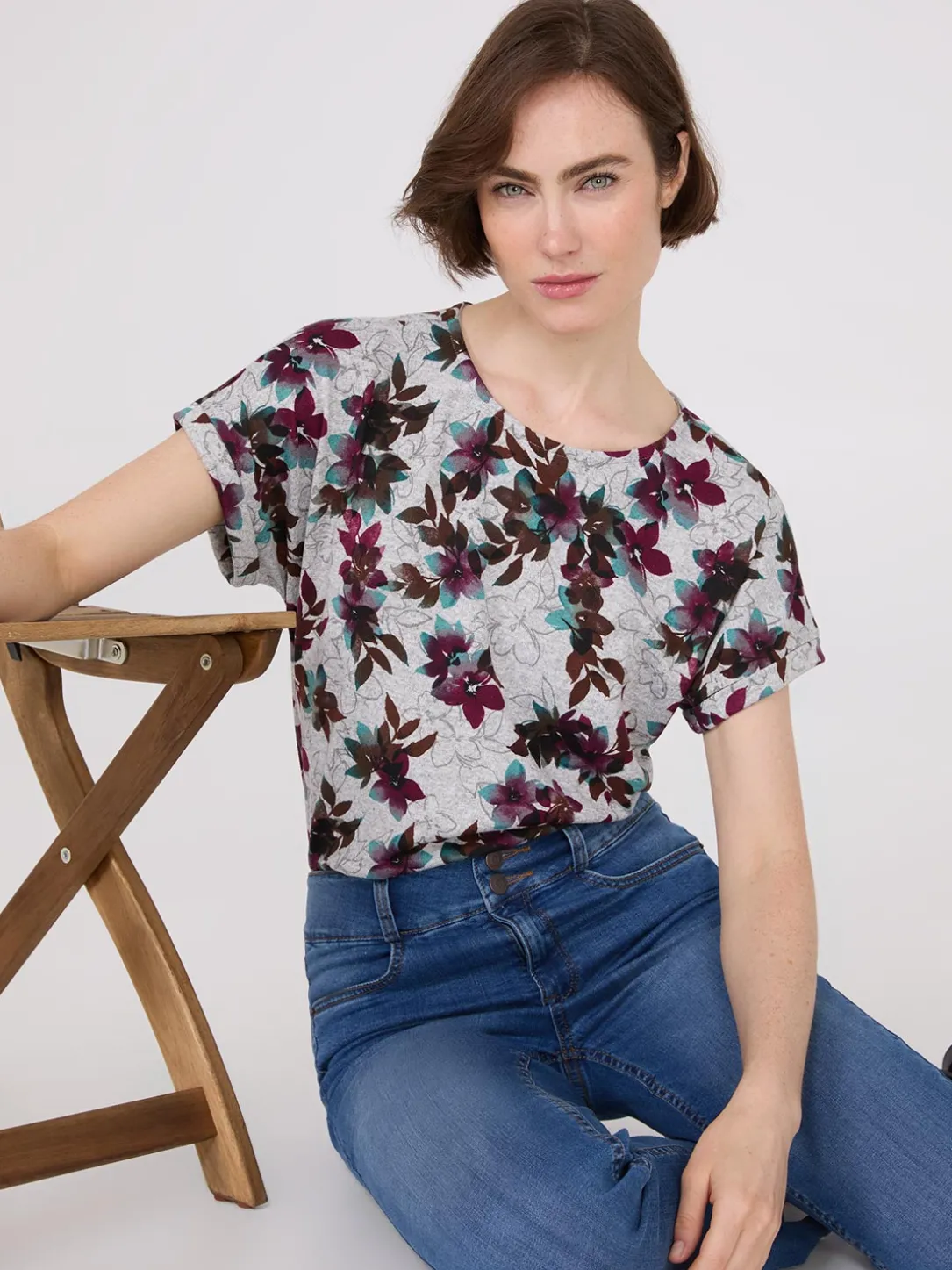 Floral Print Cuffed Dolman Sleeve T-Shirt