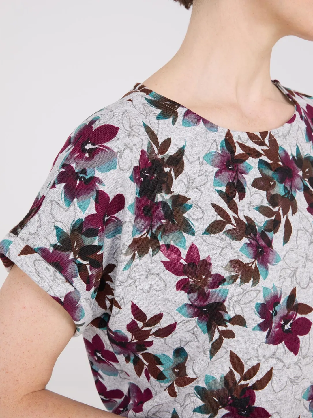 Floral Print Cuffed Dolman Sleeve T-Shirt