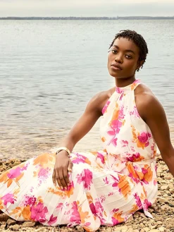 Floral Print Halter Neck Chiffon Midi Dress
