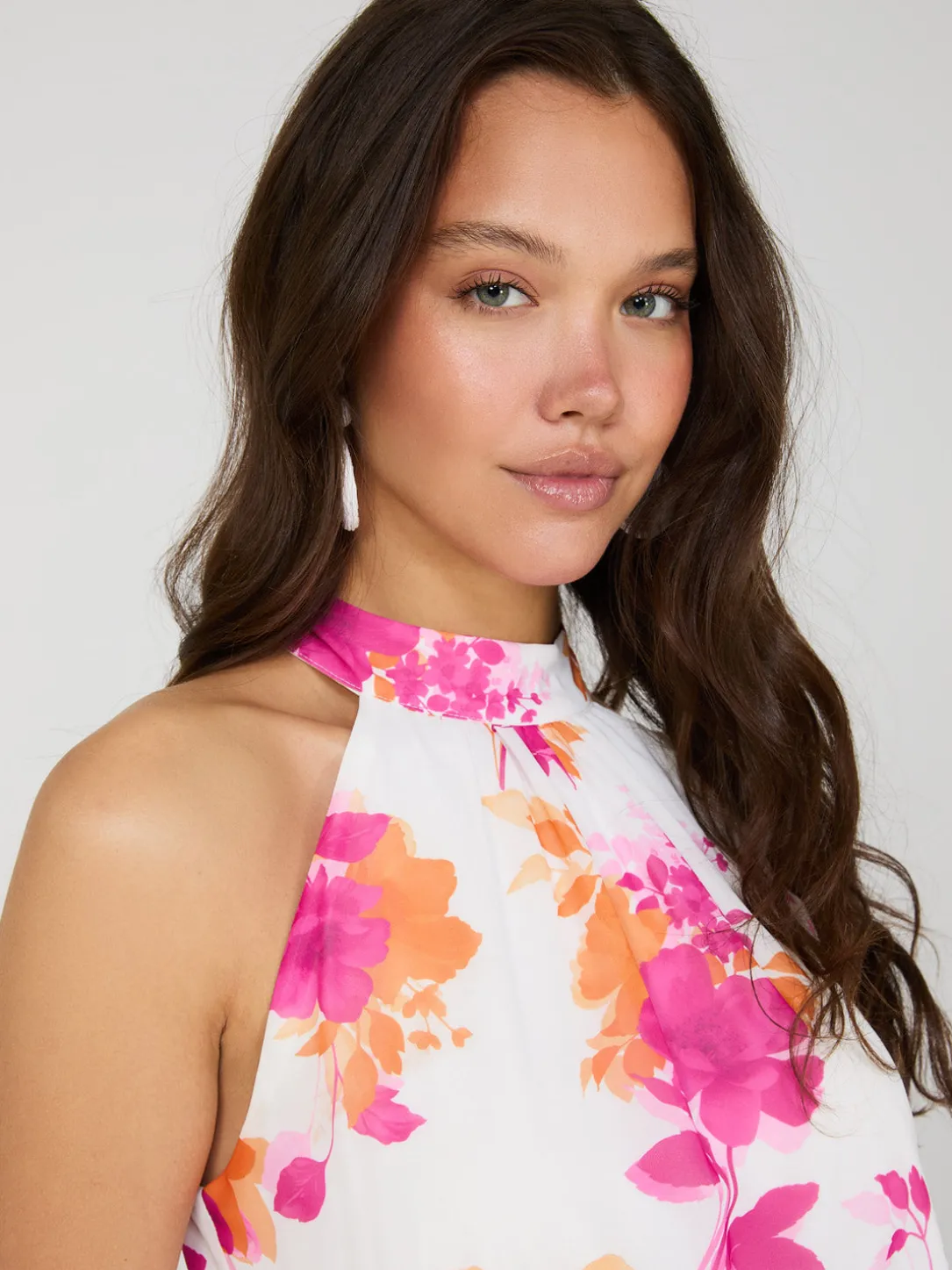 Floral Print Halter Neck Chiffon Midi Dress