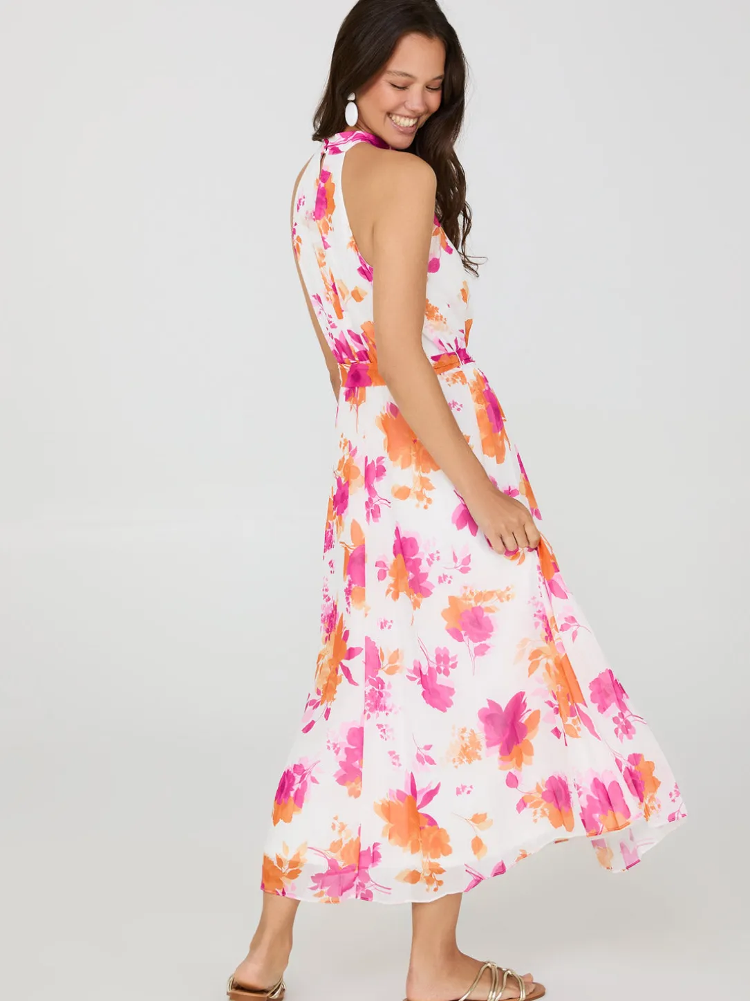 Floral Print Halter Neck Chiffon Midi Dress