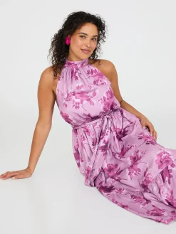 Floral Print Halter Neck Satin Maxi Dress