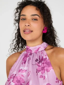 Floral Print Halter Neck Satin Maxi Dress
