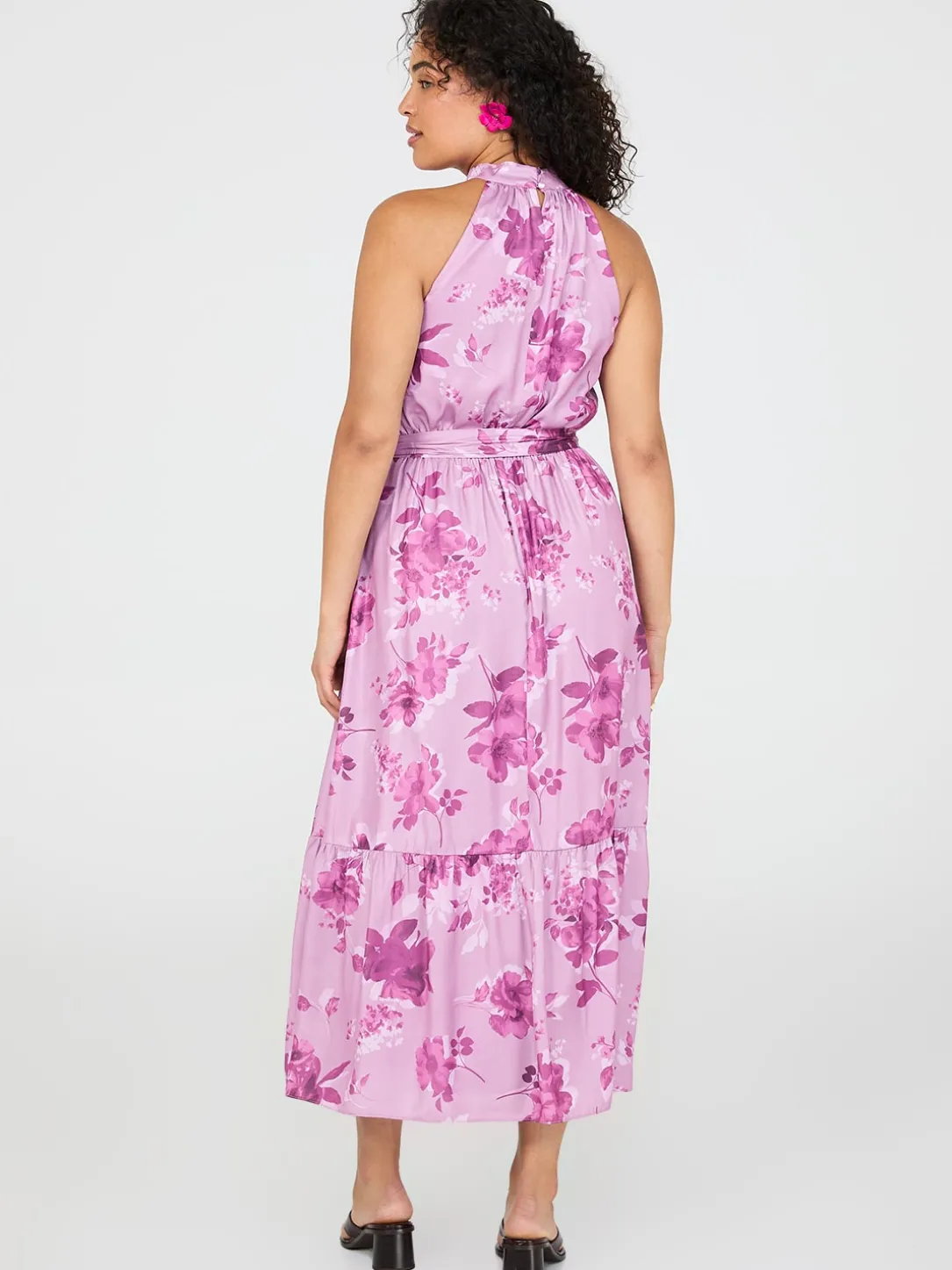 Floral Print Halter Neck Satin Maxi Dress