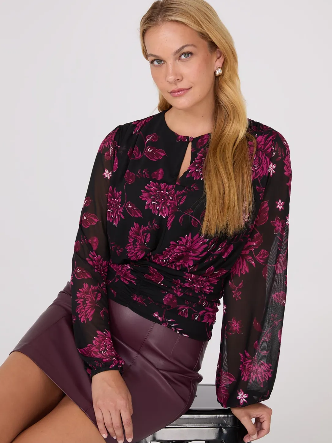 Floral Print Mesh Top With Ruched Waistband