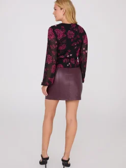 Floral Print Mesh Top With Ruched Waistband