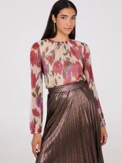 Floral Print Metallic Plisse Mesh Top