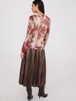 Floral Print Metallic Plisse Mesh Top