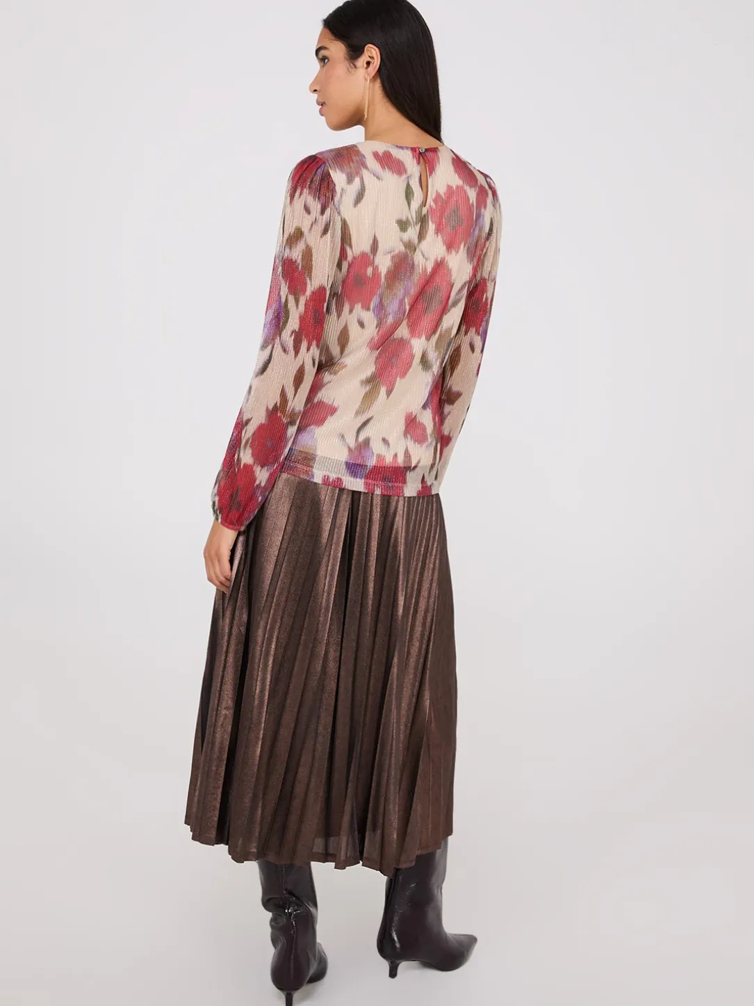 Floral Print Metallic Plisse Mesh Top