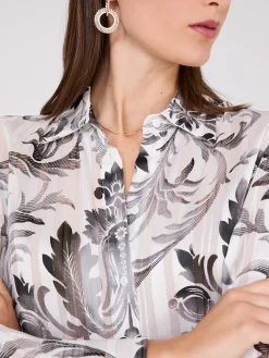 Floral Print Metallic Shadow Stripe Chiffon Blouse