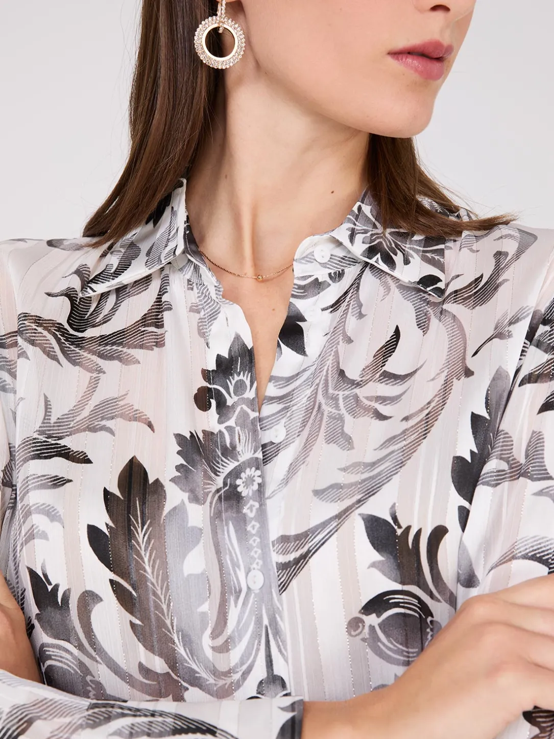 Floral Print Metallic Shadow Stripe Chiffon Blouse