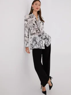 Floral Print Metallic Shadow Stripe Chiffon Blouse