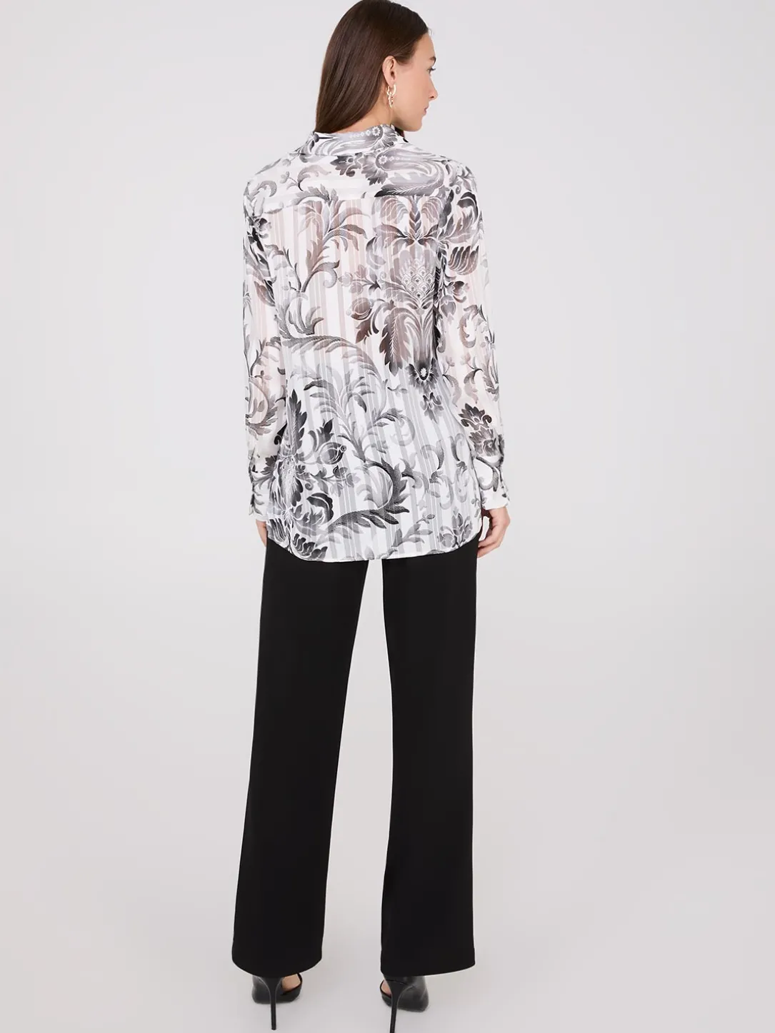 Floral Print Metallic Shadow Stripe Chiffon Blouse