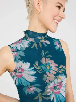 Floral Print Mock Neck Mesh Top